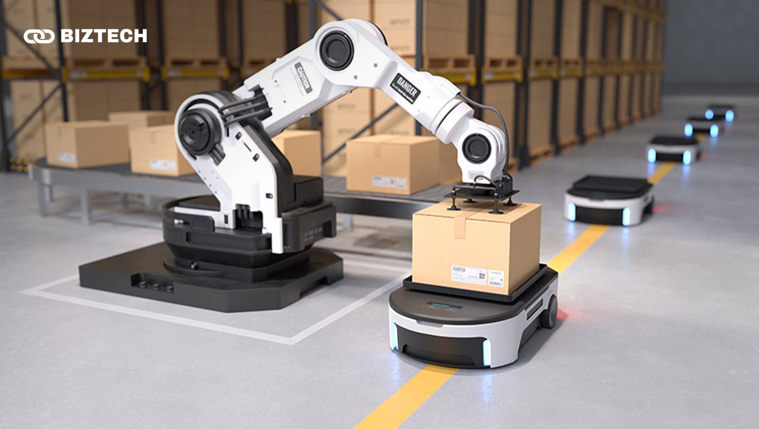 Robotic arms picks up items and arranges items