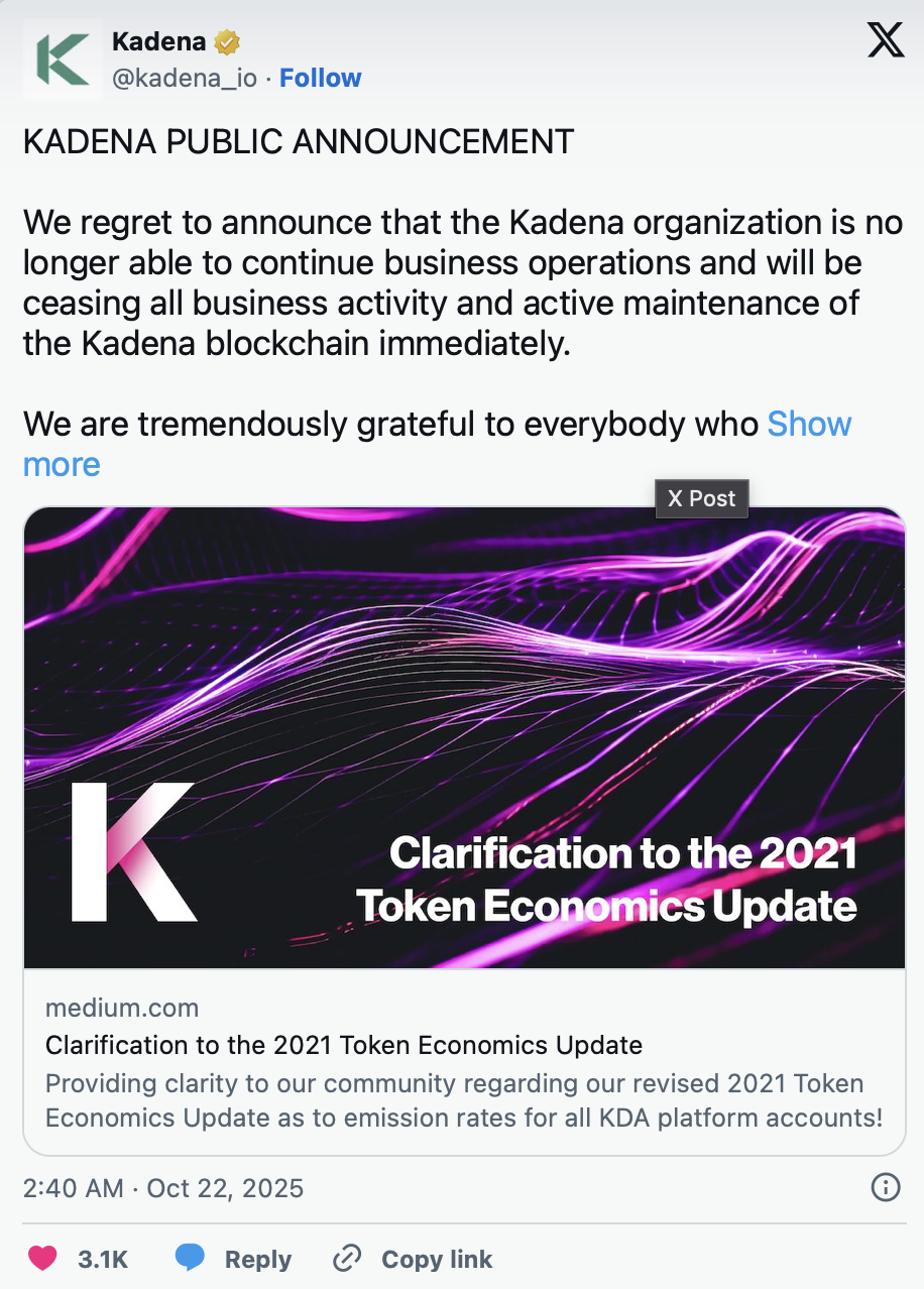 Kadena Stops Doing Business, KDA Token Drops 62%
