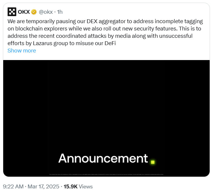 OKX Temporarily Discontinue DEX Services Due to Suspicion of Abuse by Lazarus Group

