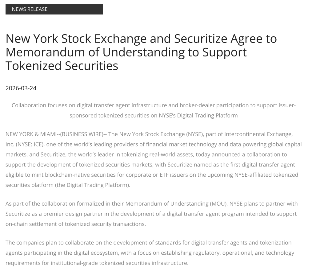 NYSE and Securitize are working together to build a platform for tokenized securities that is open 24/7
